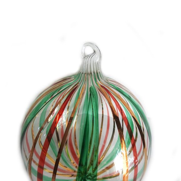 Hand Blown Clear Christmas Ball with Green Red Gold Stripes - Picture 3 of 4